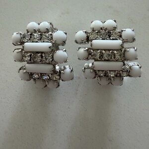 Milk Glass Clip-Ons Elegant White and Silver Earrings